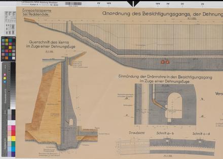 Ennepetalsperre bei Peddenöde - Blatt 18 Anordnung des Besichtigungsganges, der Dehnungsfugen und der Dränröhren - Schnitte - 1937 - 1 : 20/25/100/200 - 65 x 146 - kol. Pause - Regierung Arnsberg