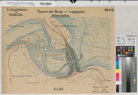 Ennepetalsperre bei Peddenöde - Damm bei Burg - Blatt 30 Alternative des Übersichtsplans - 1937 - 1 : 1000 - 50 x 65 - kol. Pause - Regierung Arnsberg
